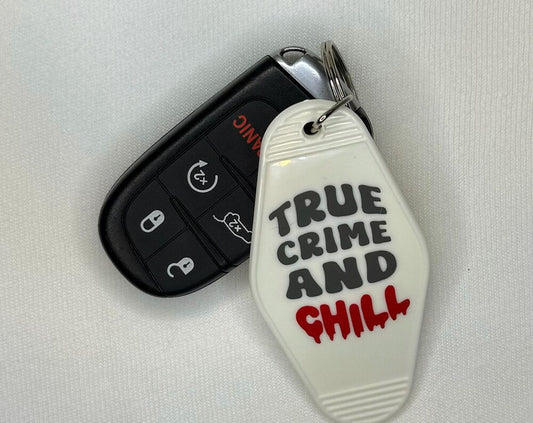 True Crime and Chill motel keychain